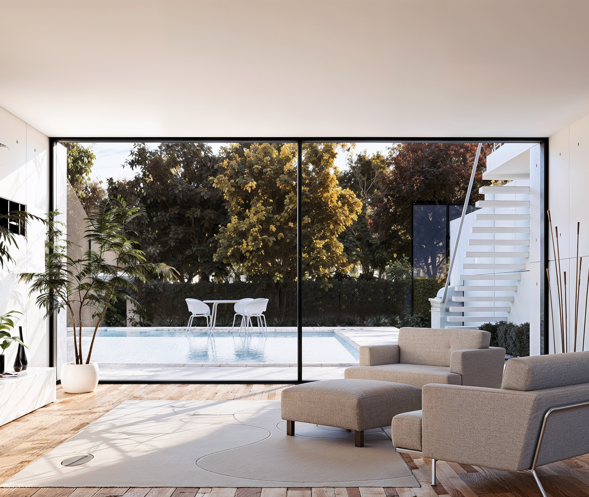 Photorealistic interior 3D render — Brisbane apartment living room with subtropical light — Architecture Foundry